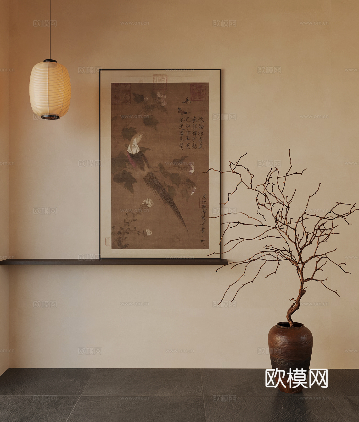 新中式装饰画 陶罐花瓶 花艺 干枝 树枝 小吊灯3d模型