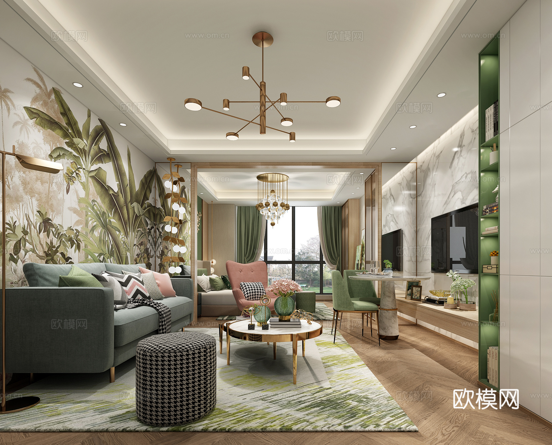 北欧现代客餐厅现代卧室沙发茶几 餐桌椅 双人床3d模型