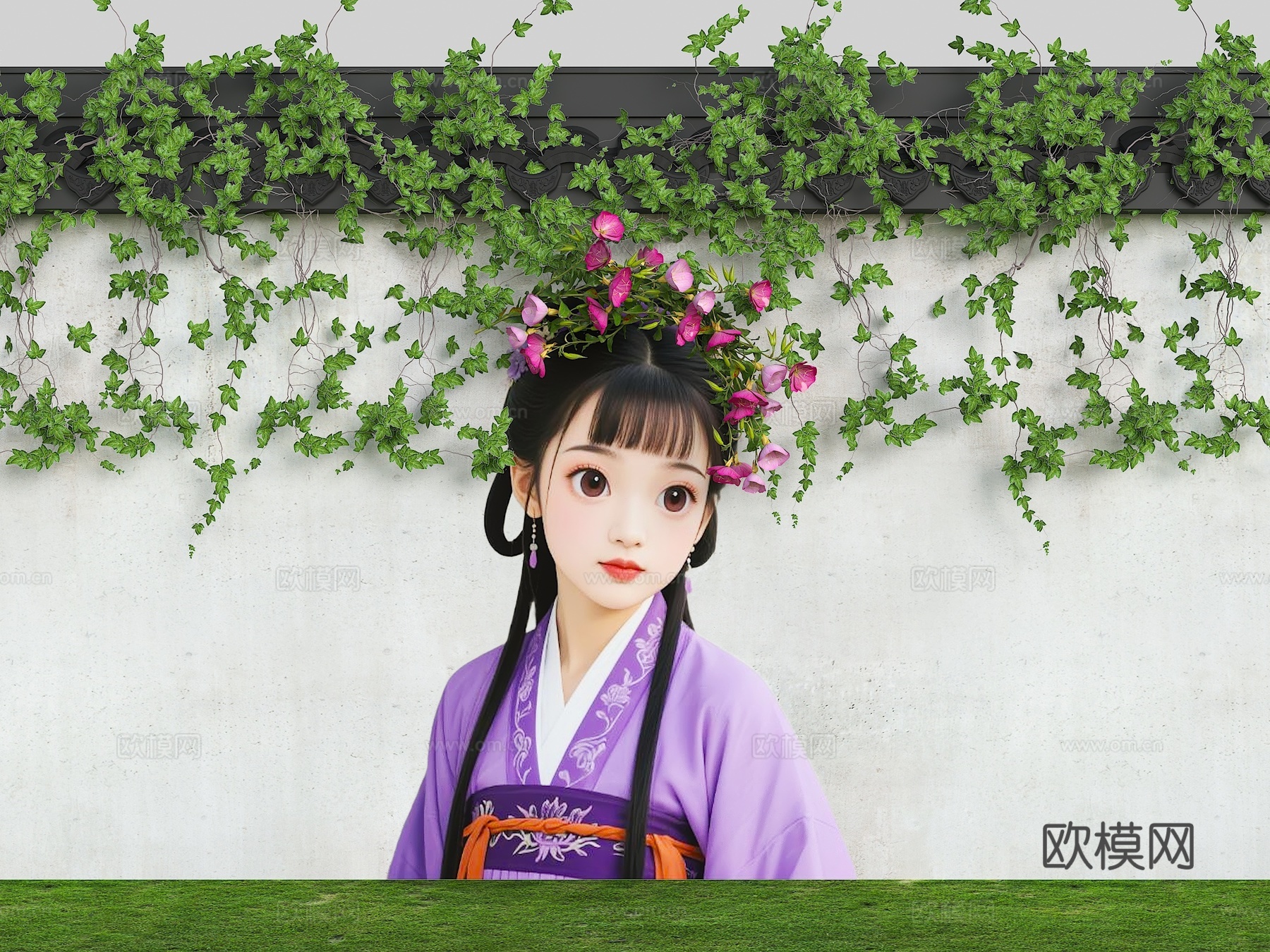 花朵围墙 花艺墙 卡通围墙 花朵女孩头发 现代美陈墙面 墙绘3d模型