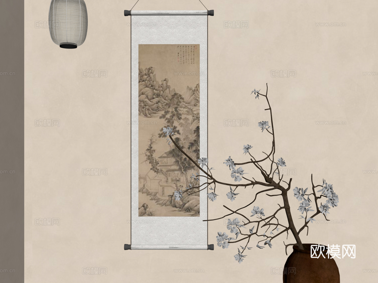 新中式装饰画 陶罐花瓶 花艺 干枝 树枝 小吊灯su模型