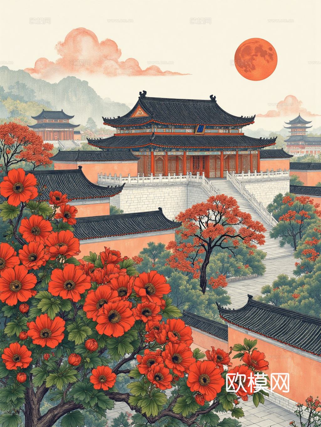 挂画  古建宫殿  中式建筑装饰画 名画