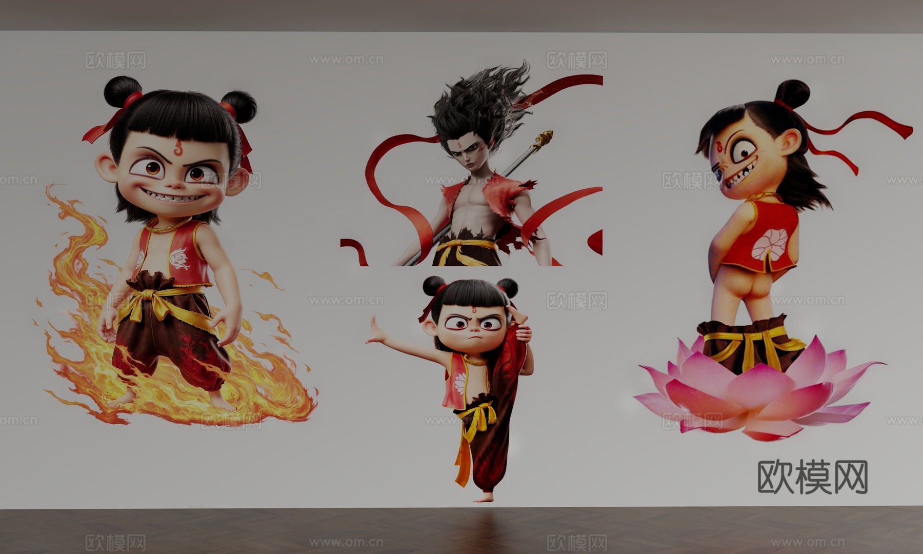 哪吒人物彩绘墙面3d模型