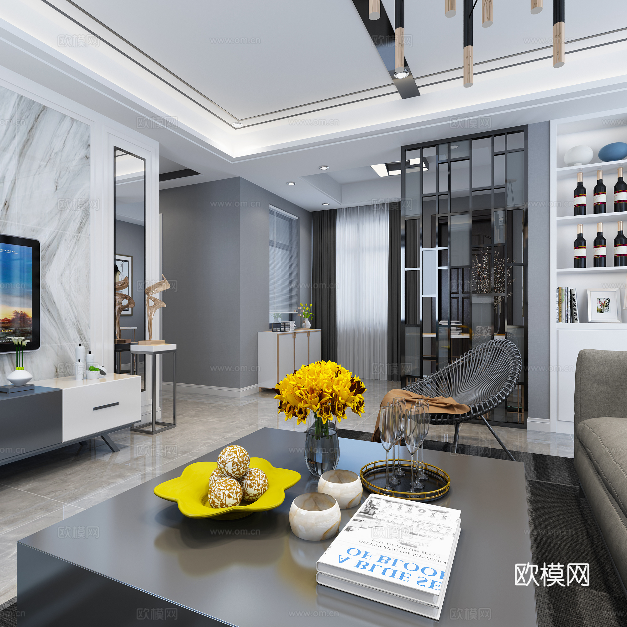 现代黑白灰客餐厅书房3d模型