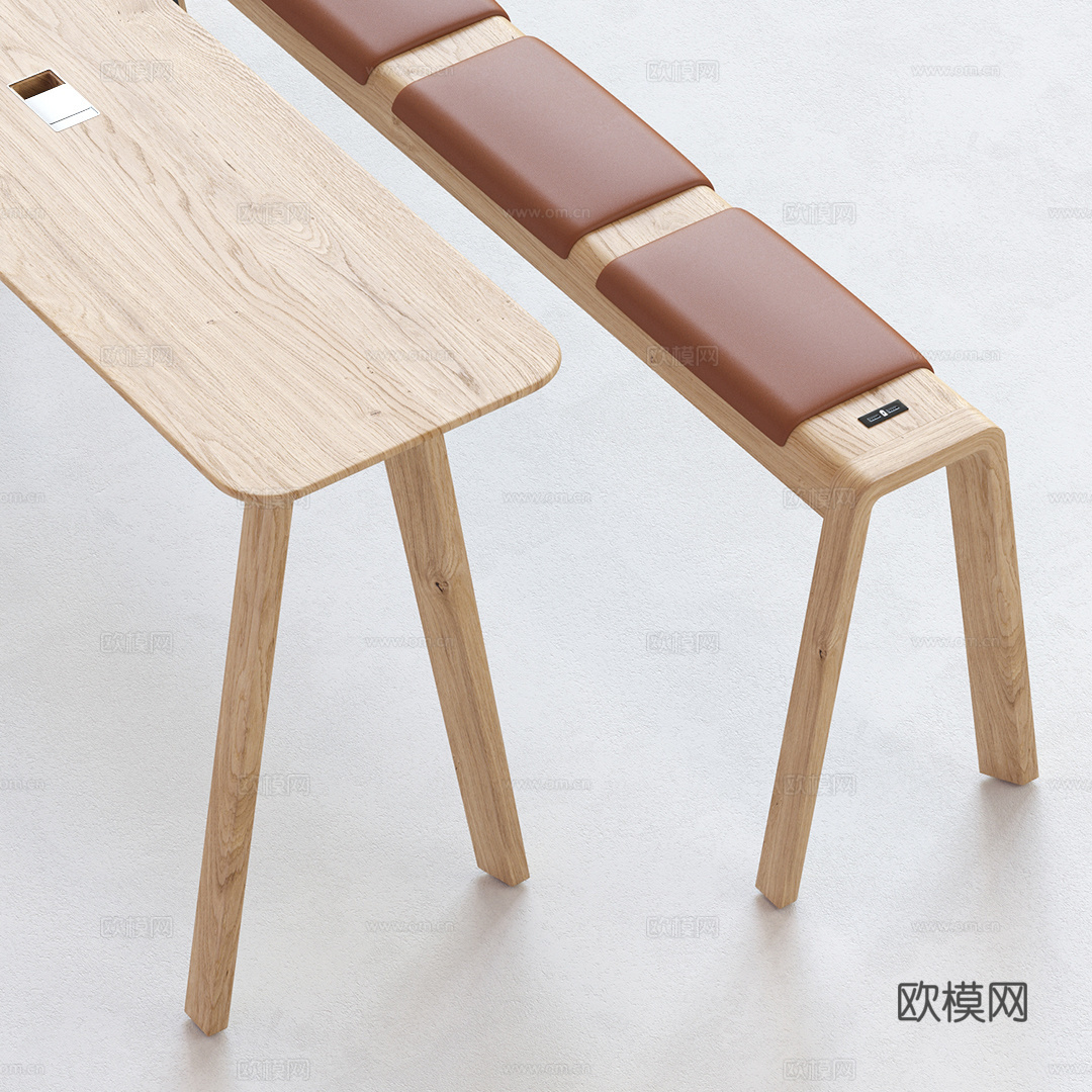 现代北欧原木风带USB接口长凳3d模型