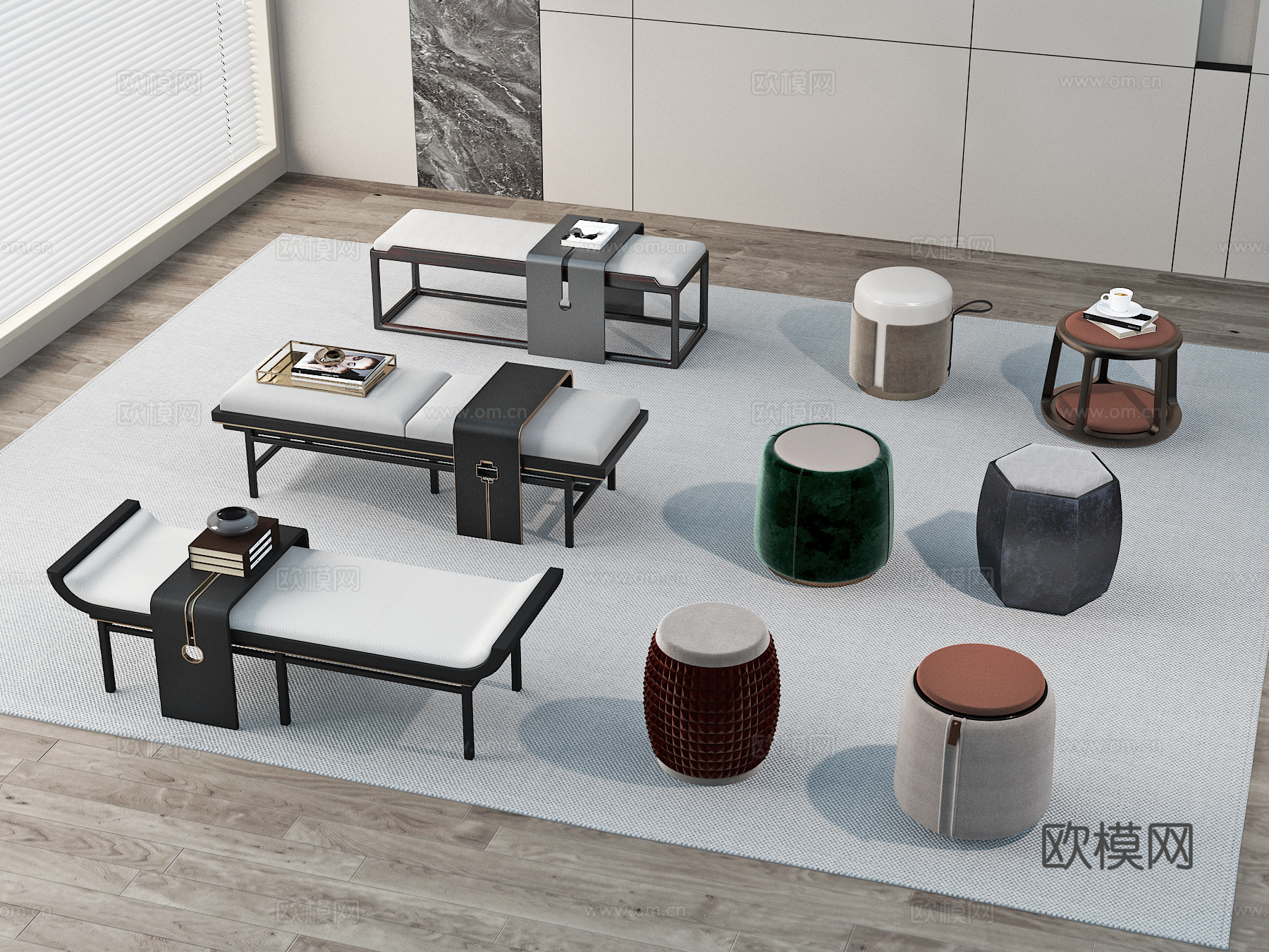 新中式 长凳沙发凳 圆凳木凳3d模型