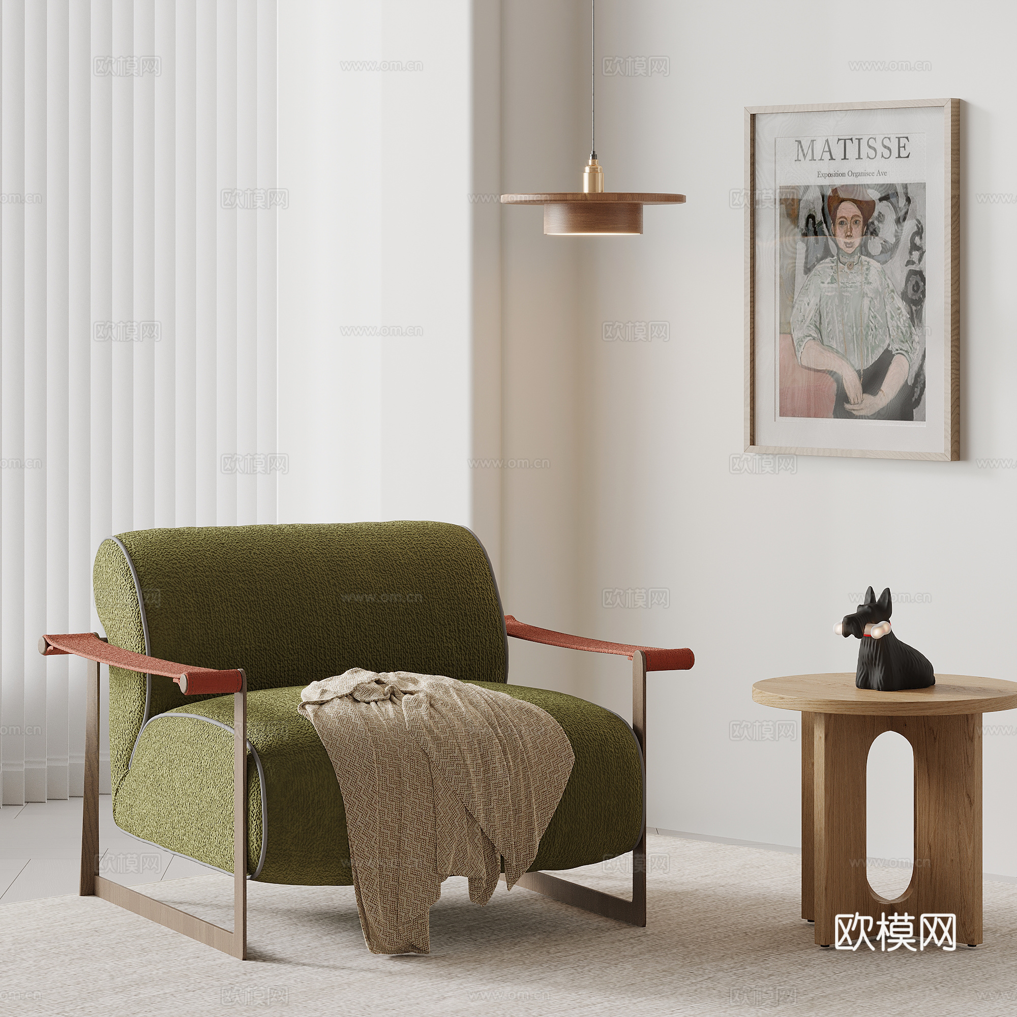 单人沙发 现代奶油风休闲沙发 边几 吊灯 装饰画3d模型