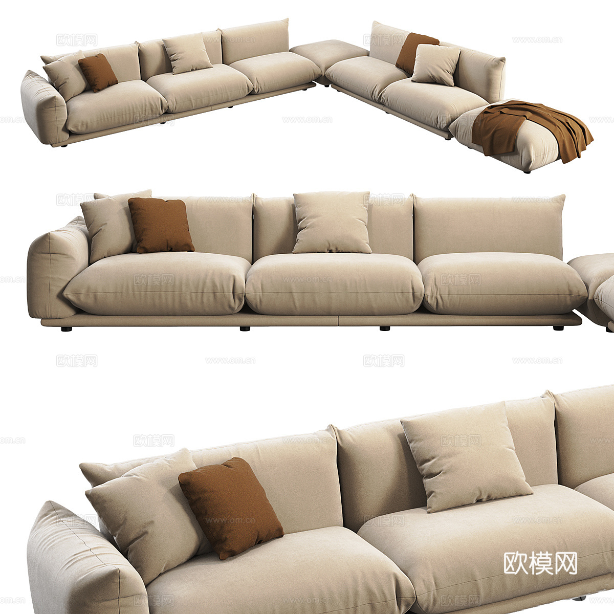 现代奶油风布艺转角沙发3d模型
