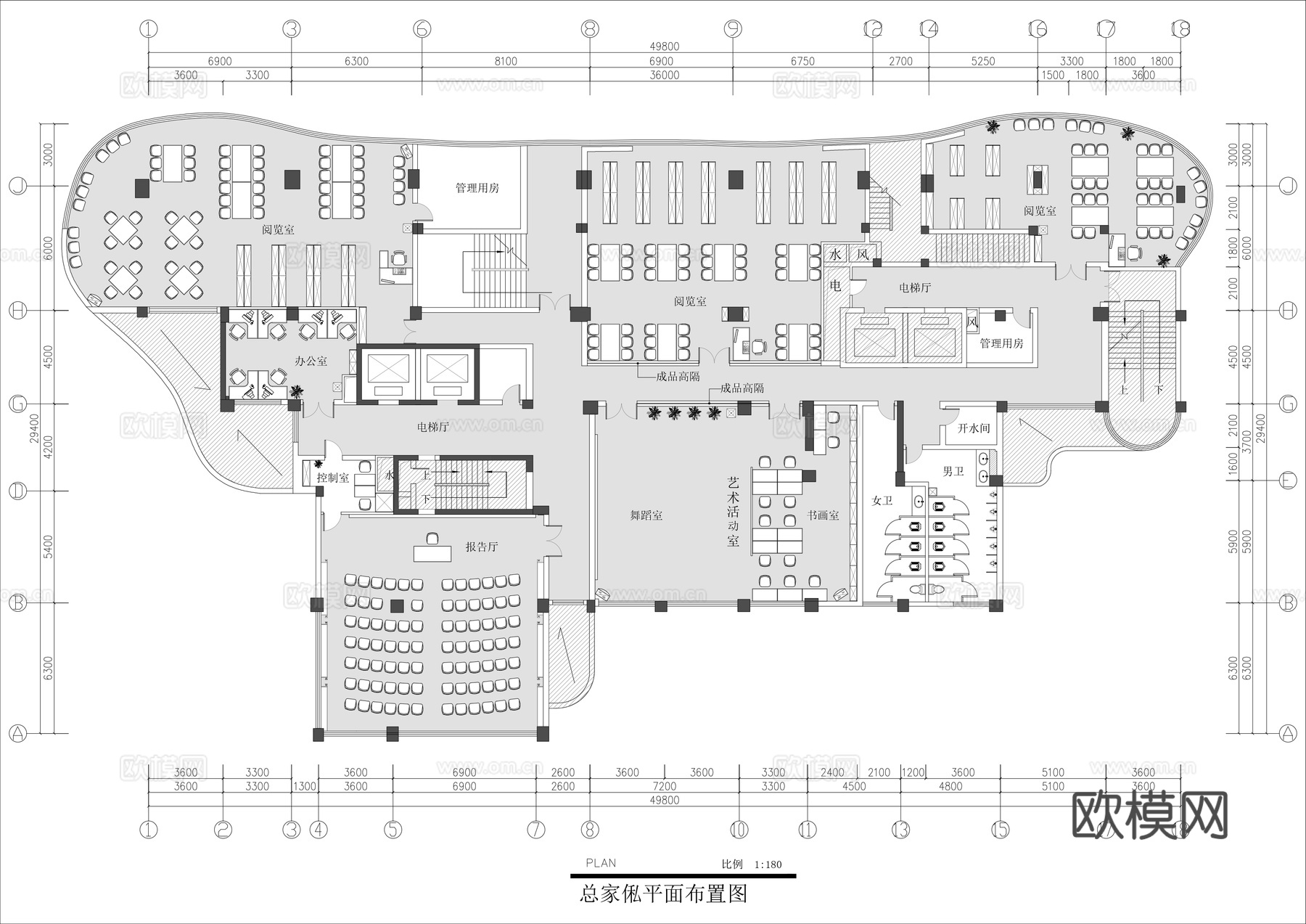 学校图书馆地下室平面布局cad施工图