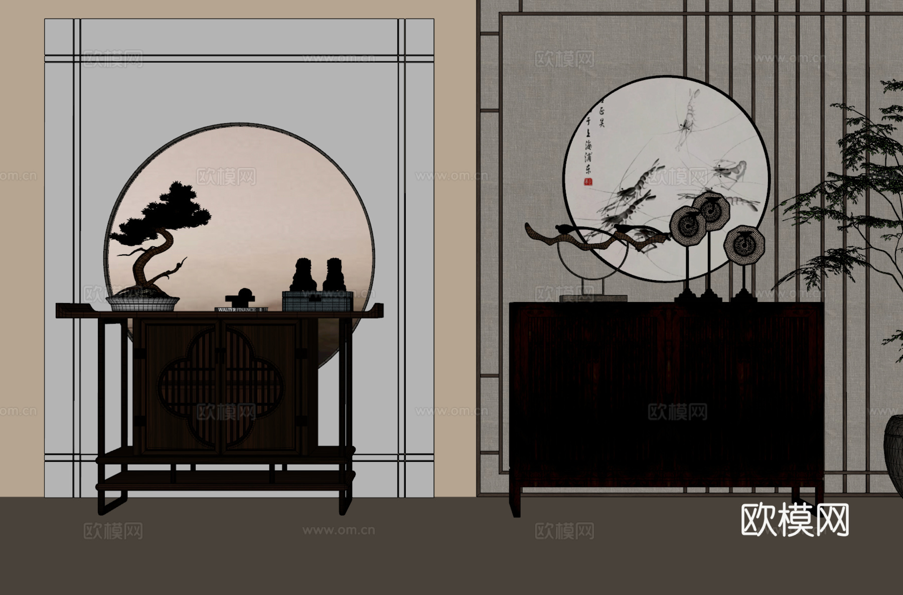 新中式端景边柜 玄关柜 挂画 绿植 饰品摆件su模型