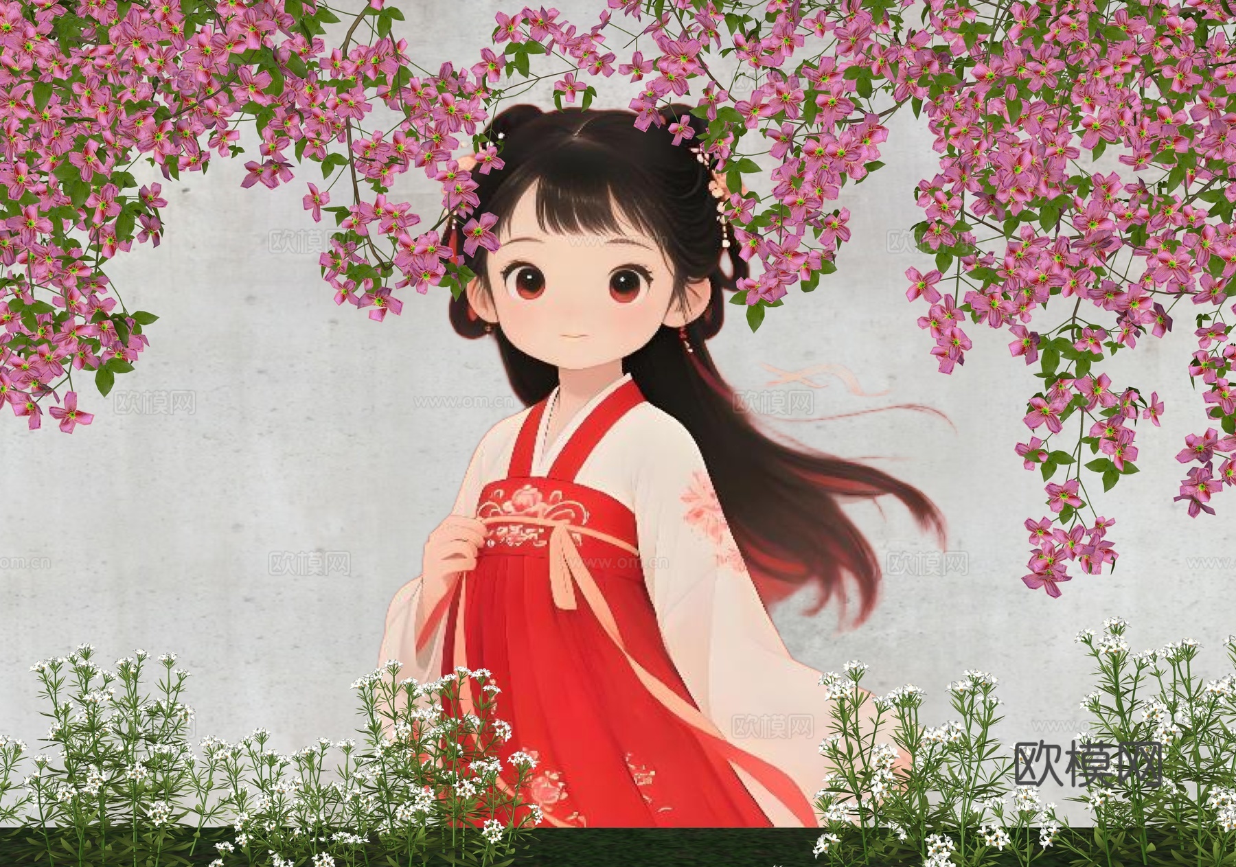 花朵围墙 花艺墙 卡通围墙 花朵女孩头发 现代美陈墙面 墙绘su模型