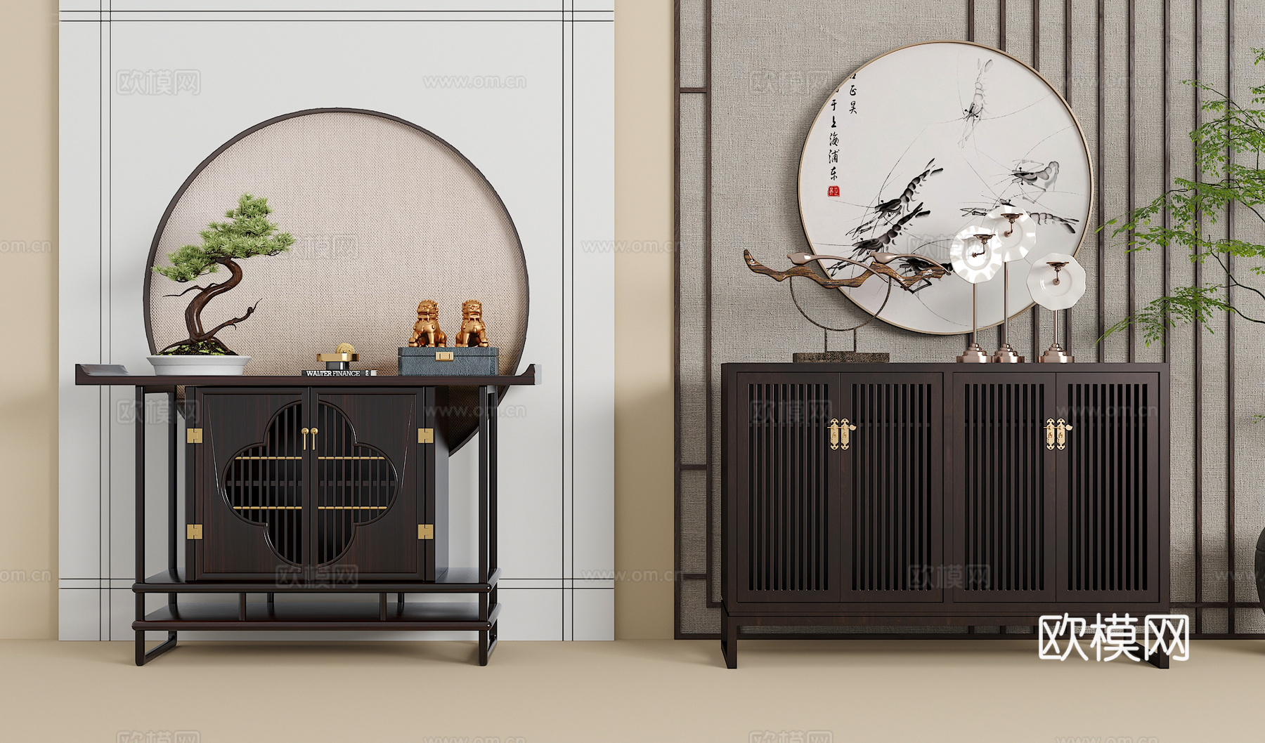 新中式端景边柜 玄关柜 挂画 绿植 饰品摆件3d模型