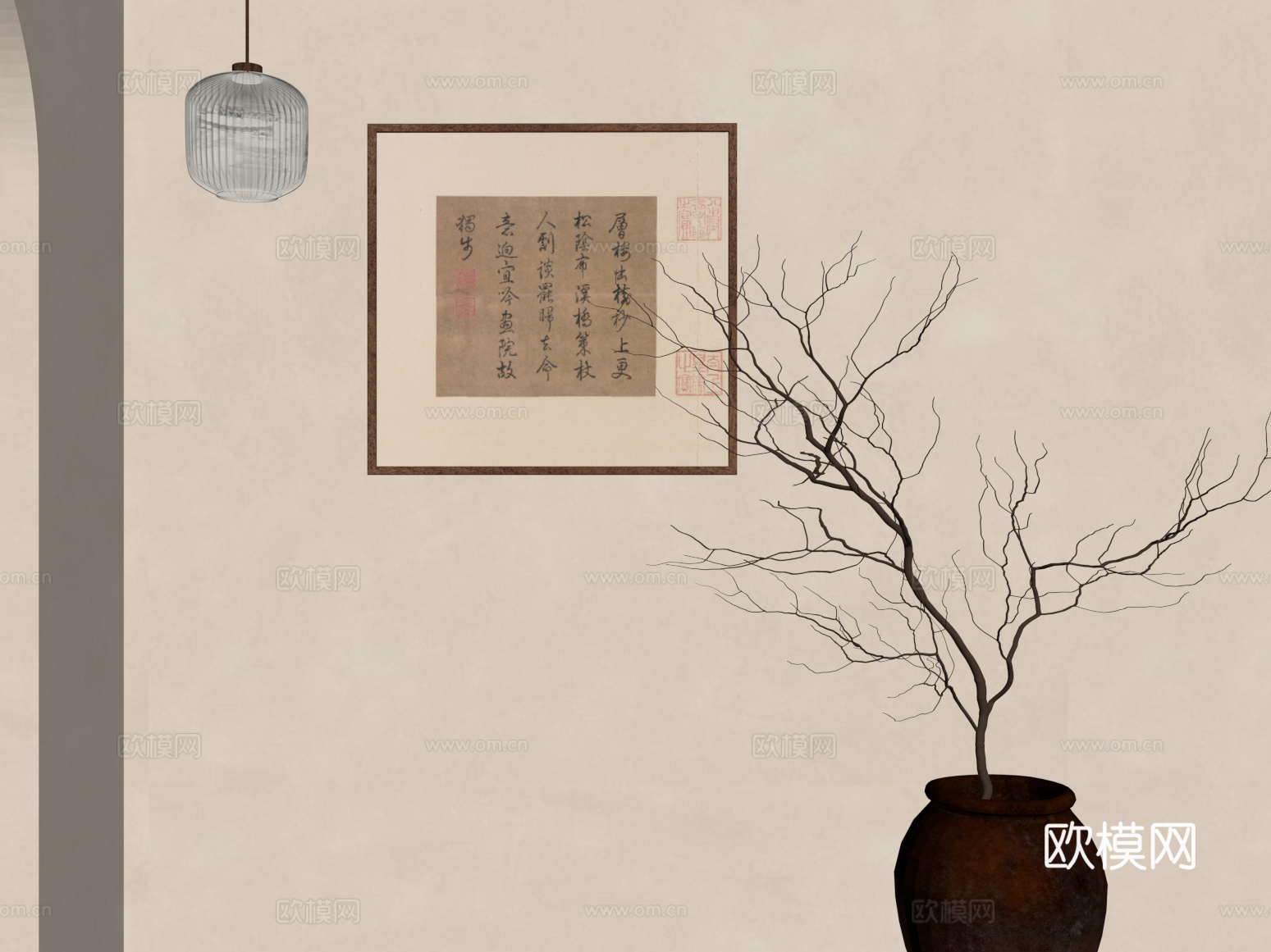 新中式装饰画 陶罐花瓶 花艺 干枝 树枝 小吊灯su模型