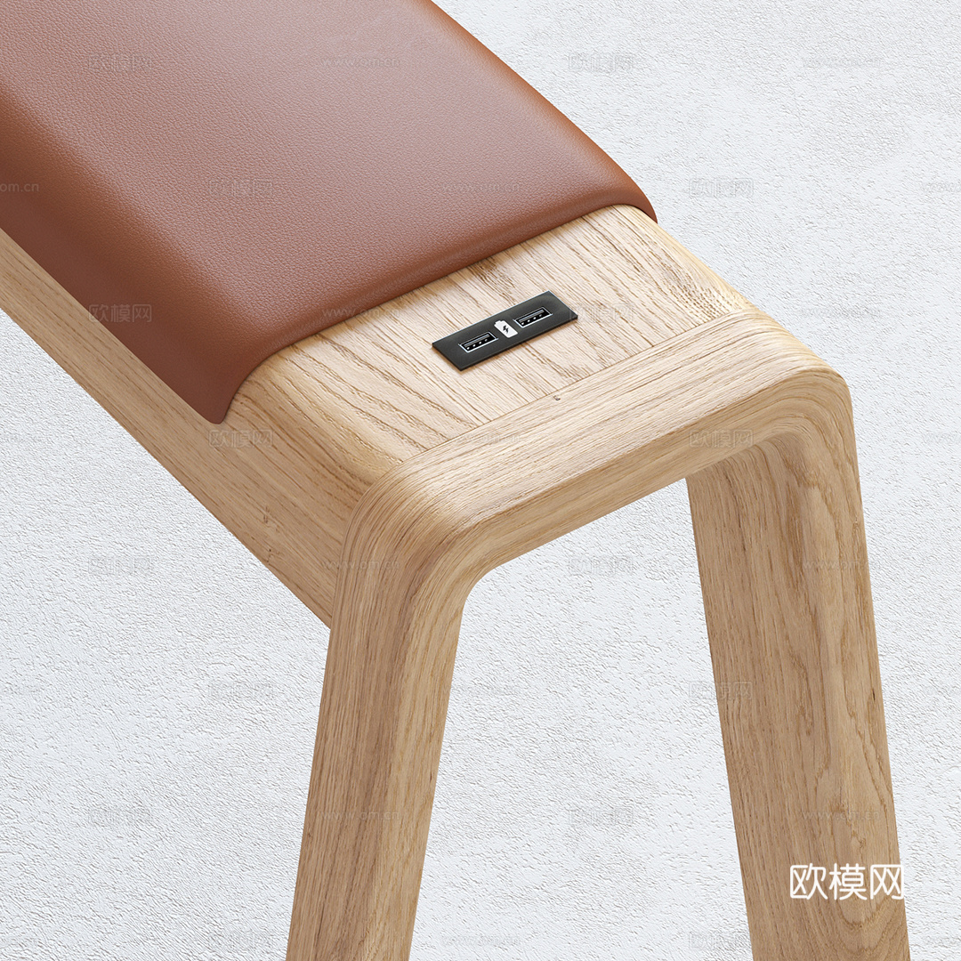 现代北欧原木风带USB接口长凳3d模型