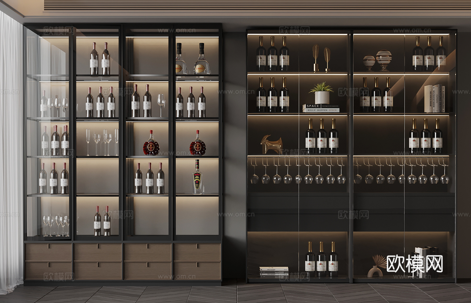 现代意式酒柜 红酒 酒杯3d模型