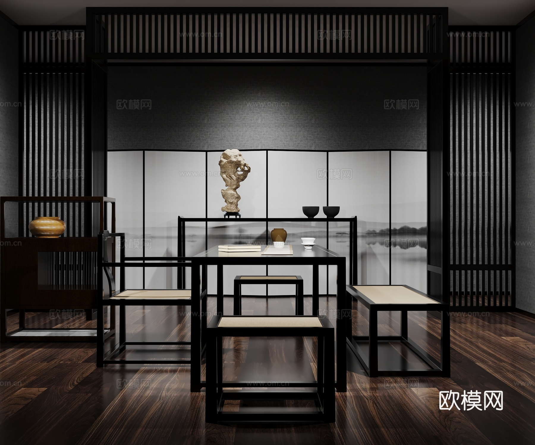 新中式茶室茶桌茶椅3d模型
