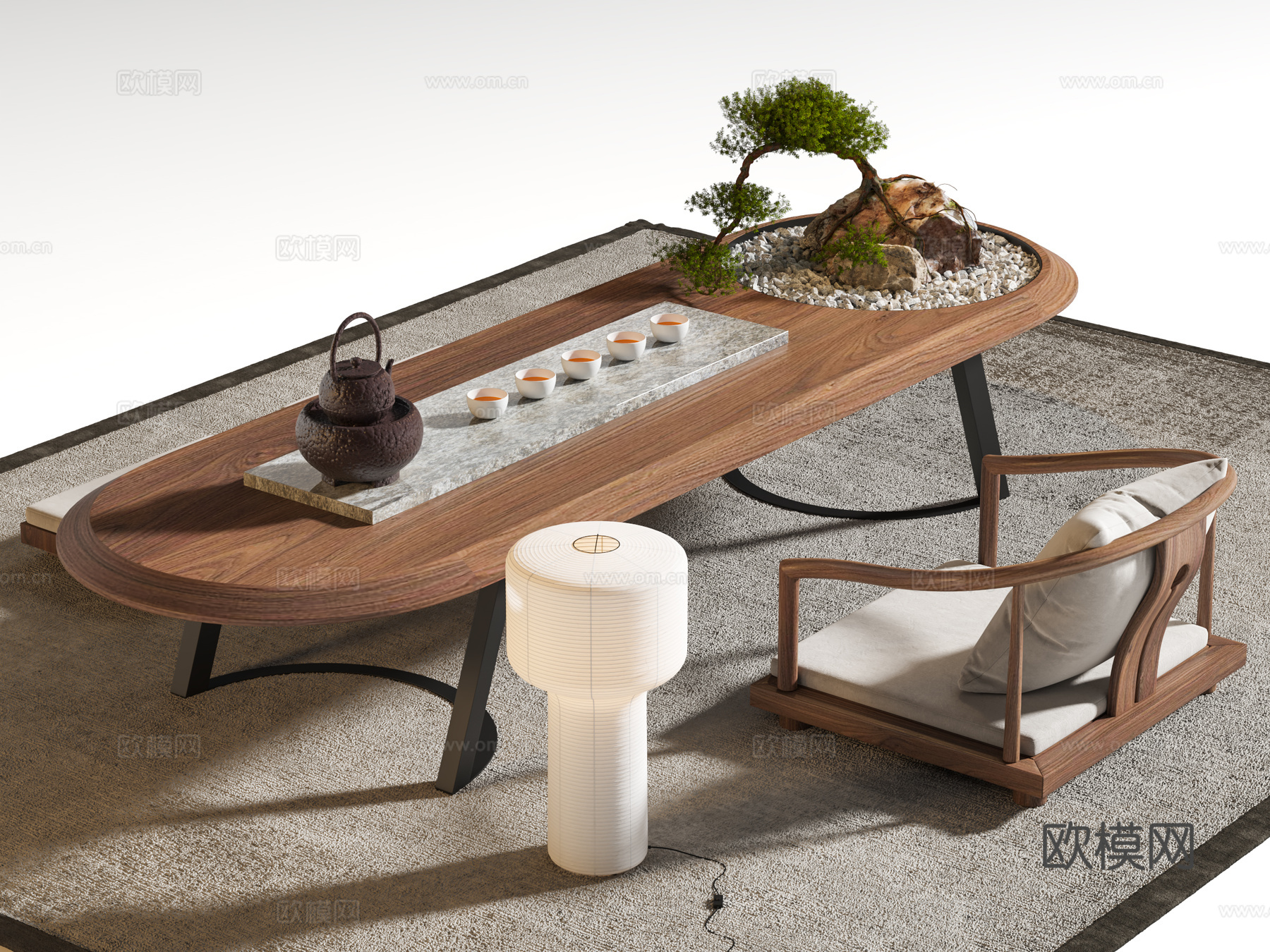 日式踏上茶桌椅 榻榻米茶桌椅 榻榻米茶椅 台灯 茶具su模型