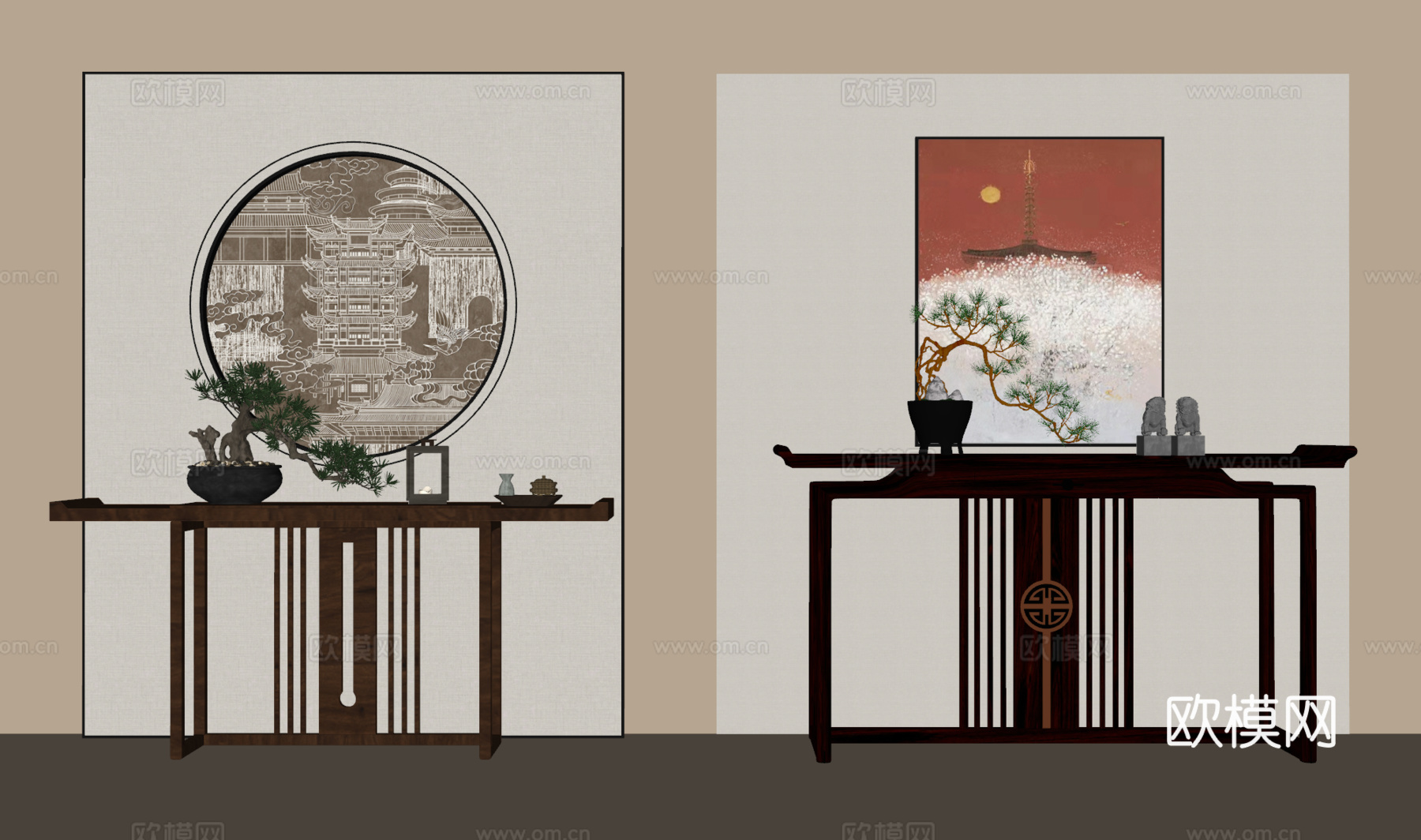 新中式端景边柜 玄关柜 挂画 绿植 饰品摆件su模型