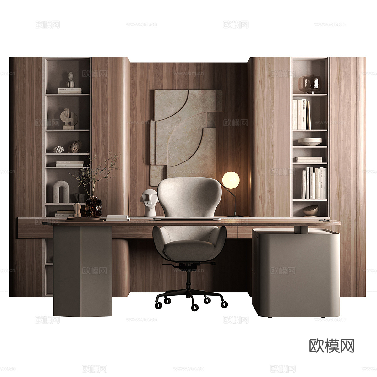 现代意式轻奢书房书柜 书桌椅3d模型