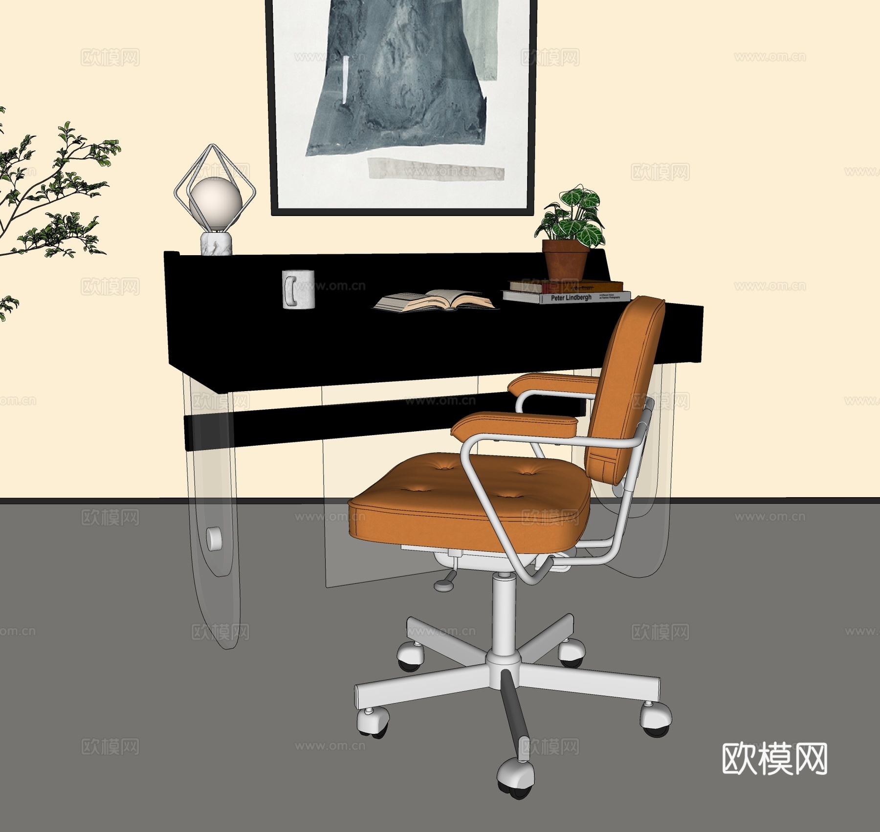 中古风书桌椅 复古风书桌椅 侘寂风书桌椅 装饰摆件 台灯su模型
