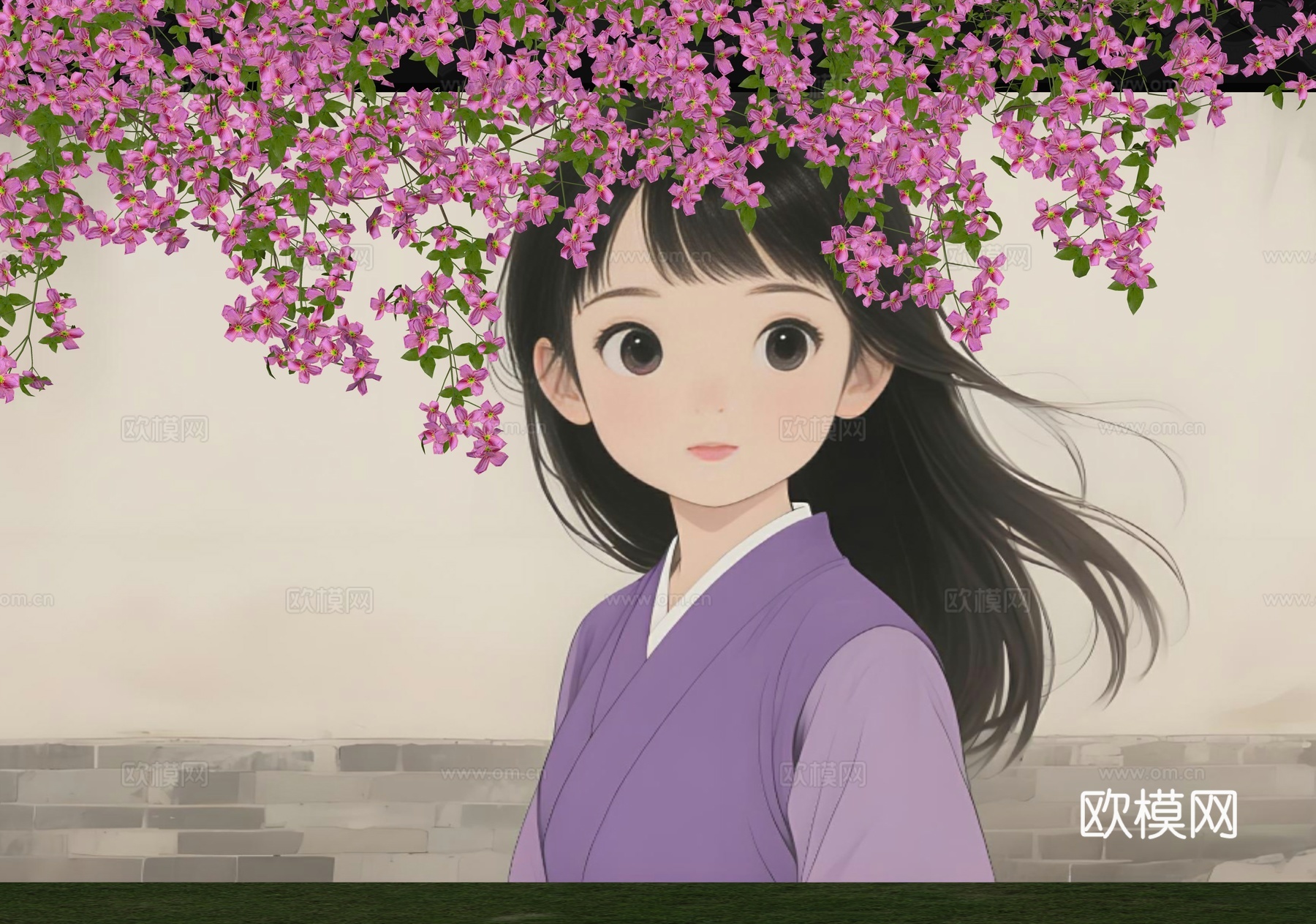 花朵围墙 花艺墙 卡通围墙 花朵女孩头发 现代美陈墙面 墙绘su模型