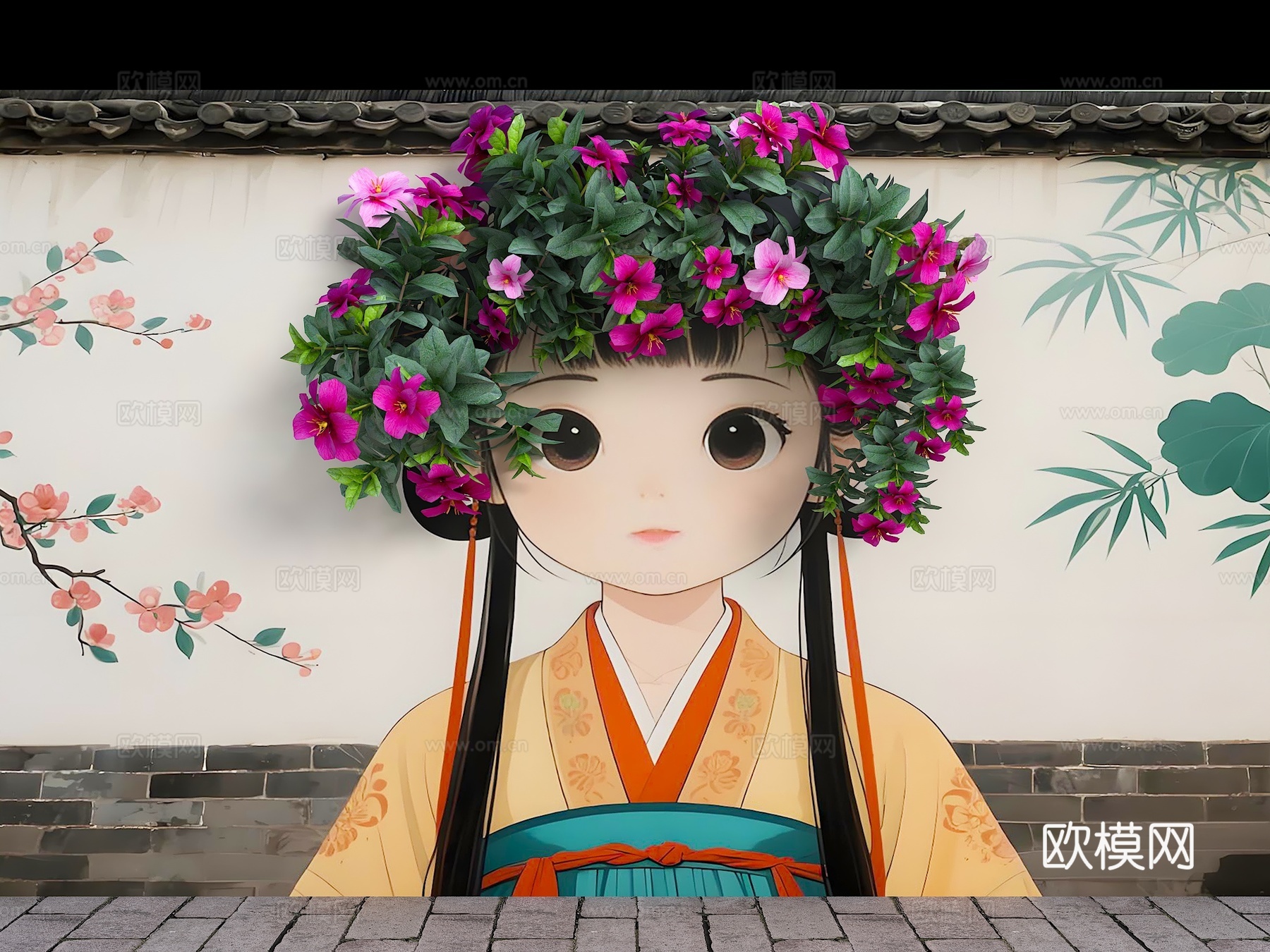 花朵围墙 花艺墙 卡通围墙 花朵女孩头发 现代美陈墙面 墙绘3d模型