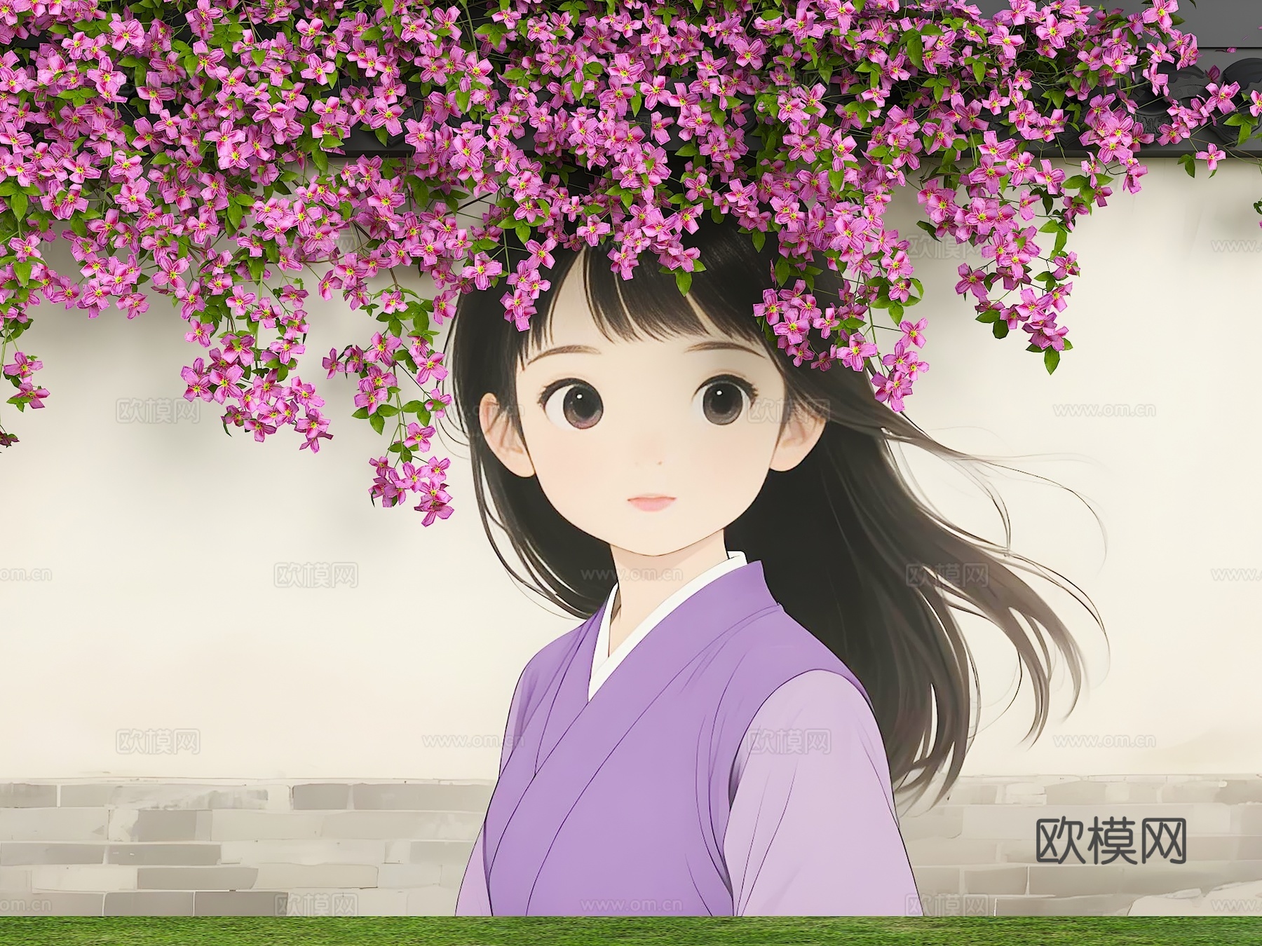 花朵围墙 花艺墙 卡通围墙 花朵女孩头发 现代美陈墙面 墙绘3d模型