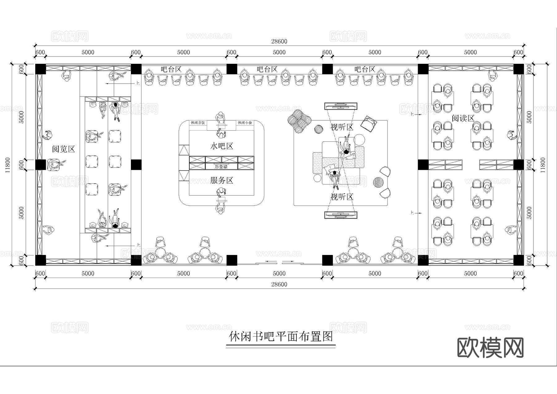学校图书馆阅读室书咖平面布局图cad施工图