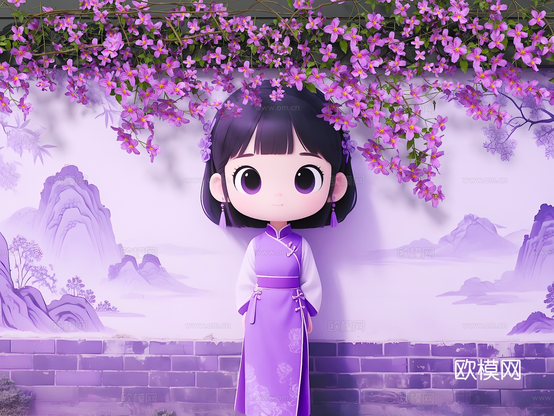 花朵围墙 花艺墙 卡通围墙 花朵女孩头发 现代美陈墙面 墙绘3d模型