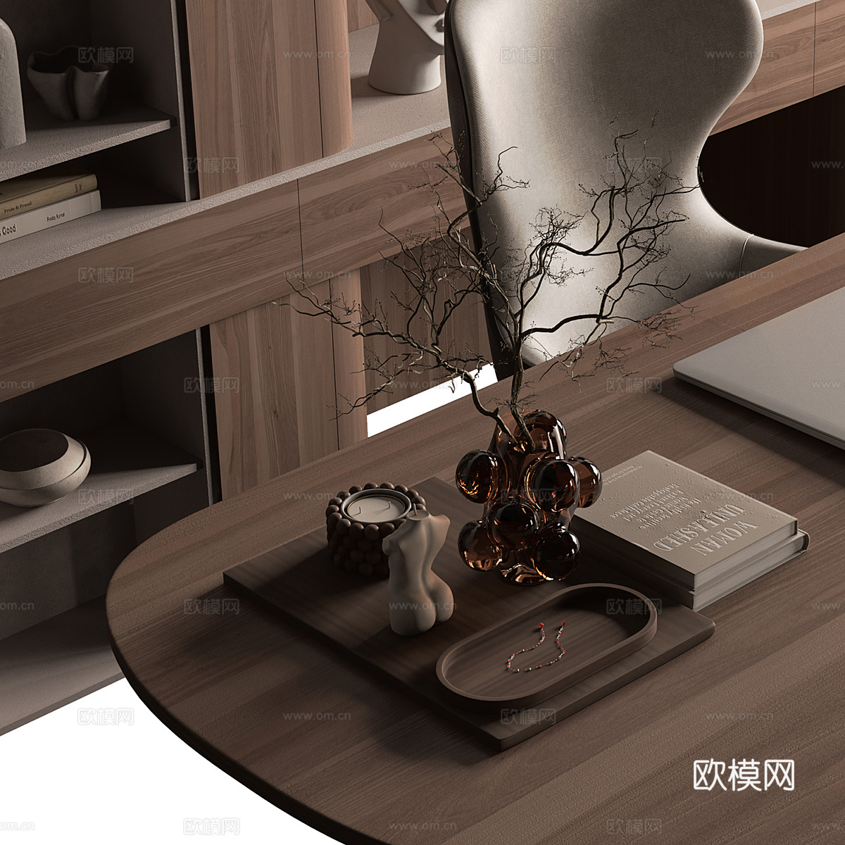 现代意式轻奢书房书柜 书桌椅3d模型