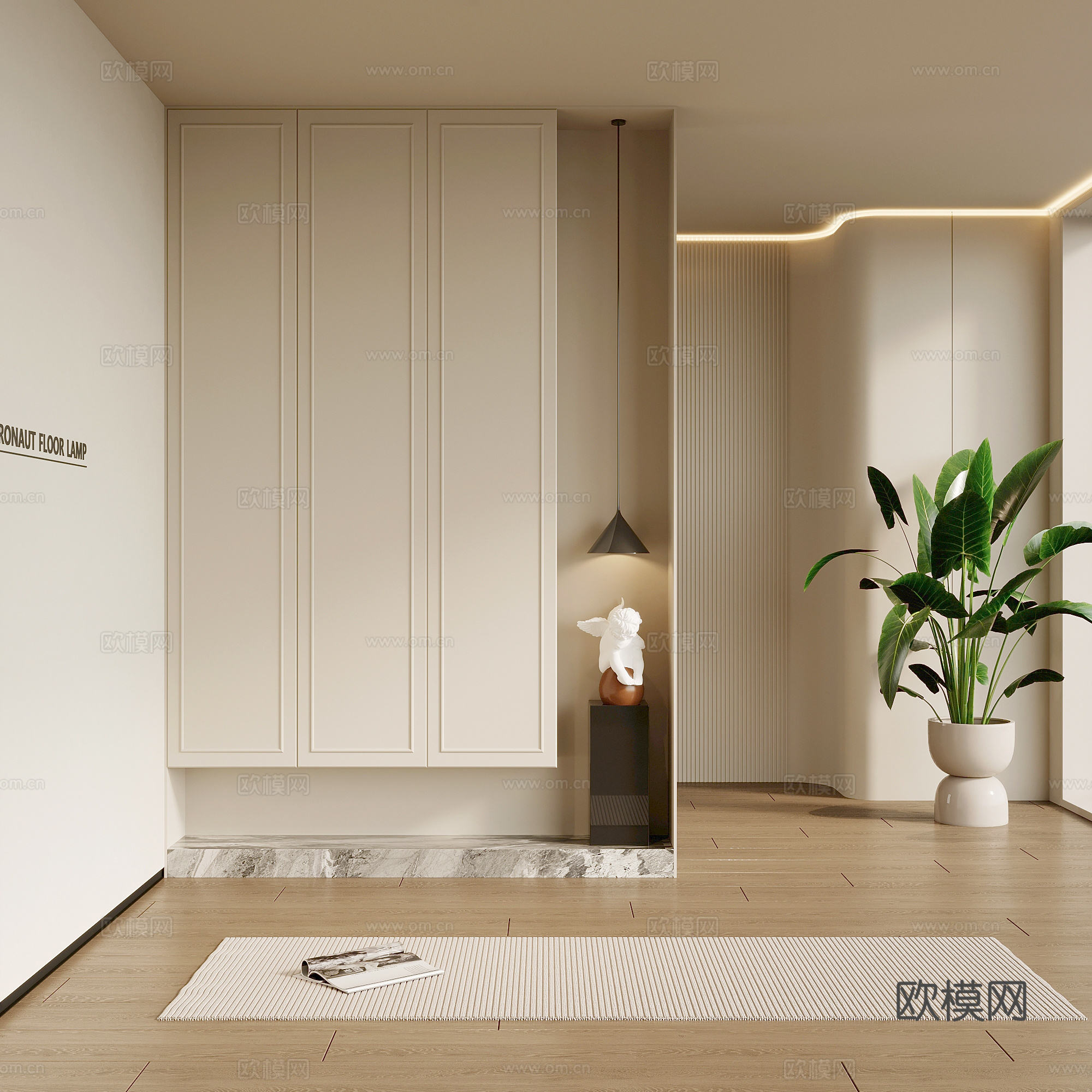玄关 法式奶油风玄关 入户鞋柜 绿植3d模型
