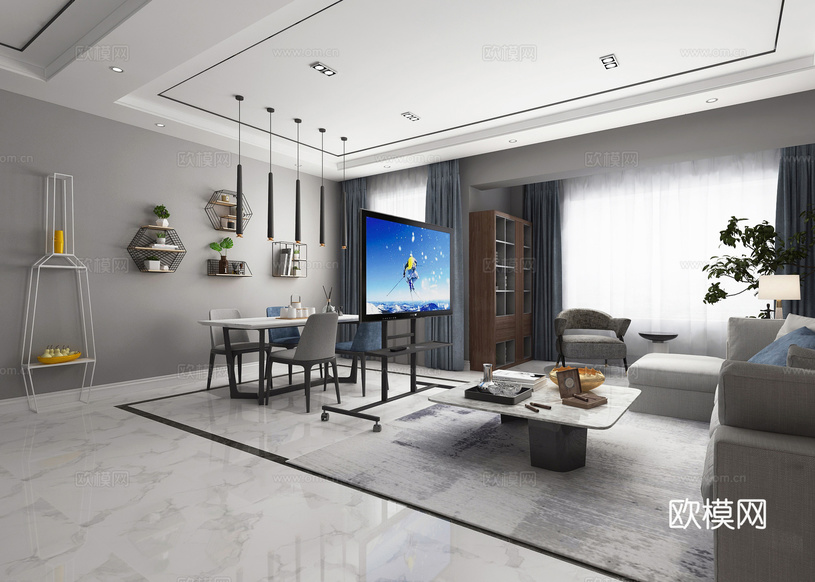 現(xiàn)代簡(jiǎn)約客餐廳3d模型下載(渲染圖2)