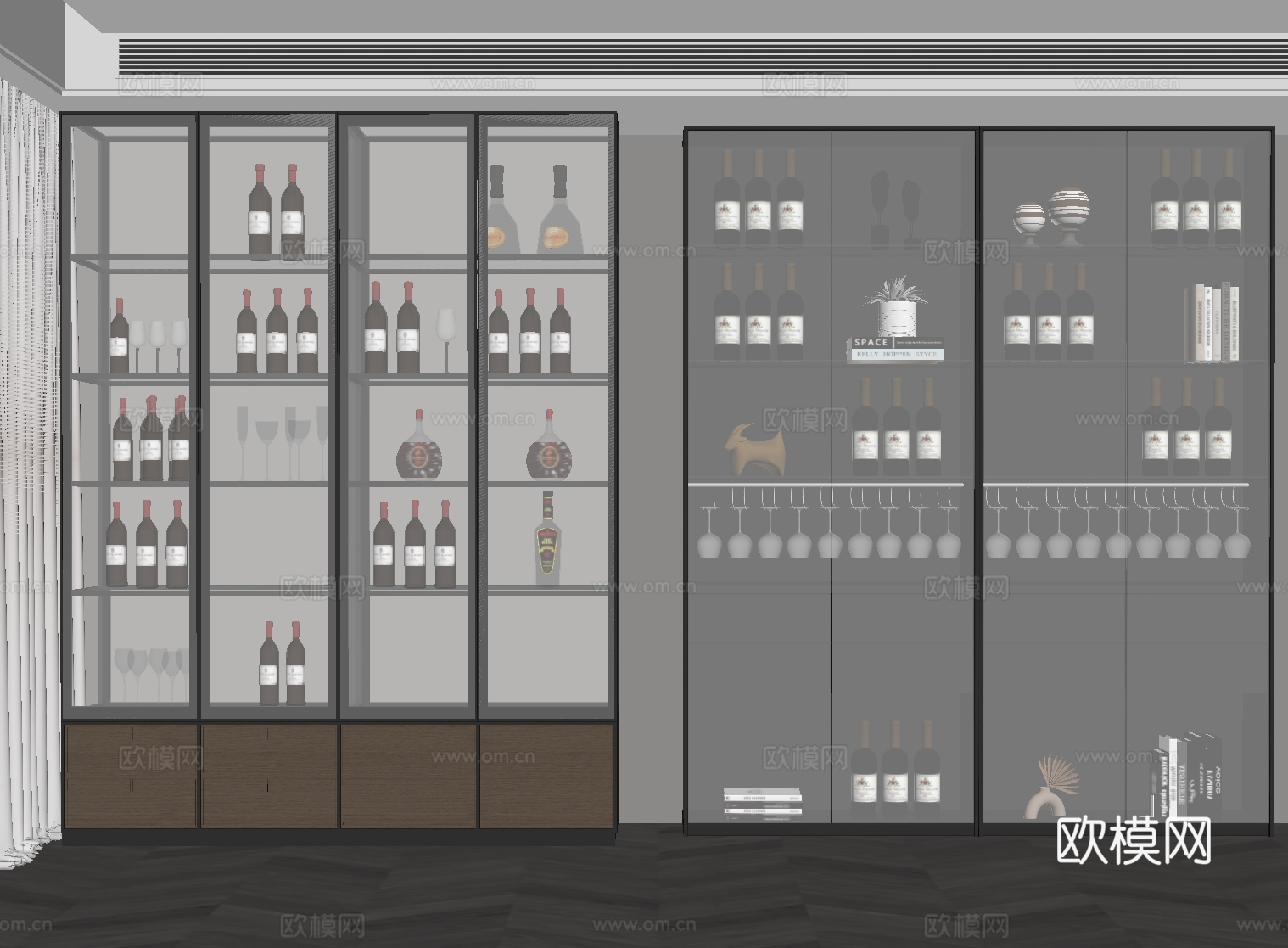 现代意式酒柜 红酒 酒杯su模型
