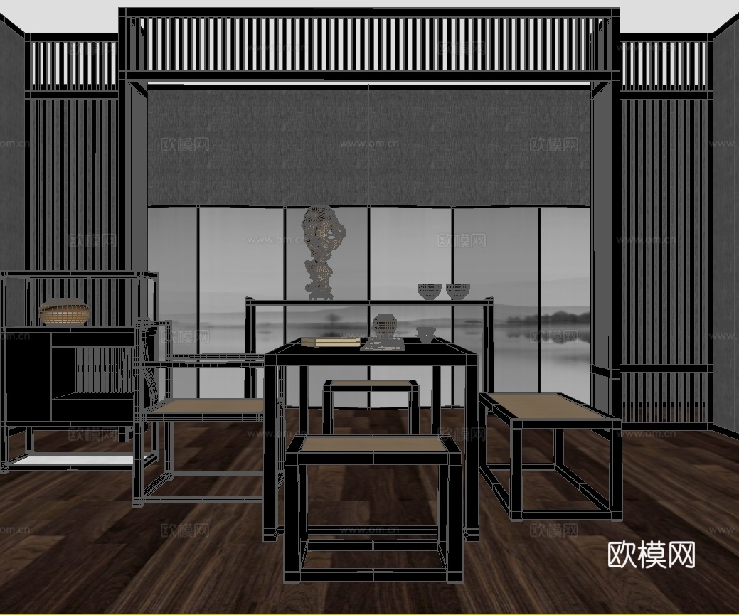 新中式茶室茶桌茶椅3d模型