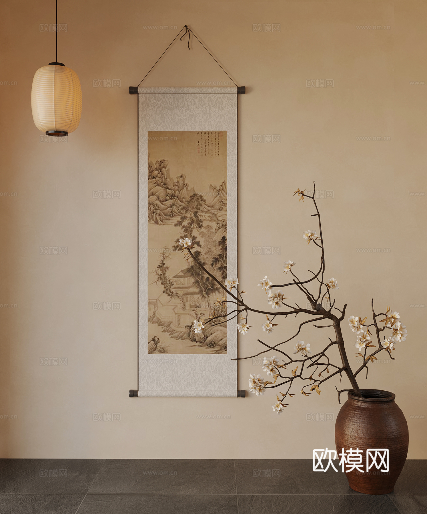 新中式装饰画 陶罐花瓶 花艺 干枝 树枝 小吊灯su模型