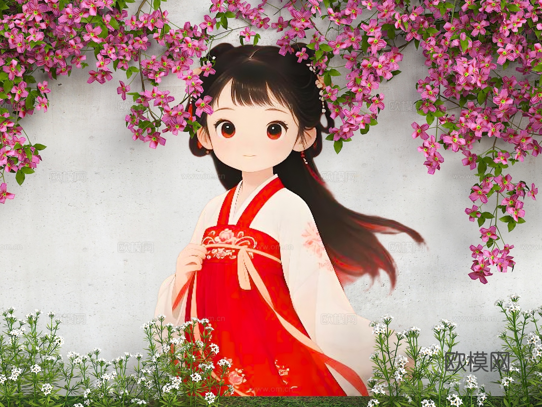 花朵围墙 花艺墙 卡通围墙 花朵女孩头发 现代美陈墙面 墙绘3d模型