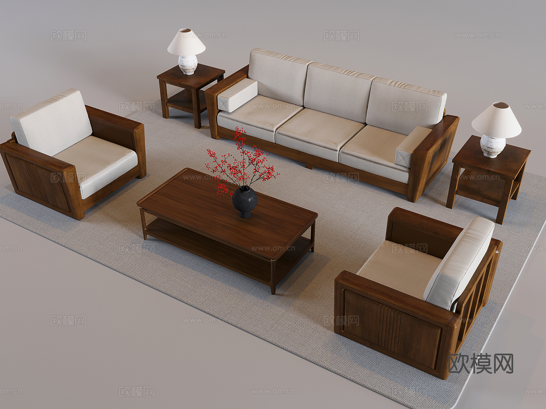 中古沙发茶几组合 实木沙发角几边几3d模型