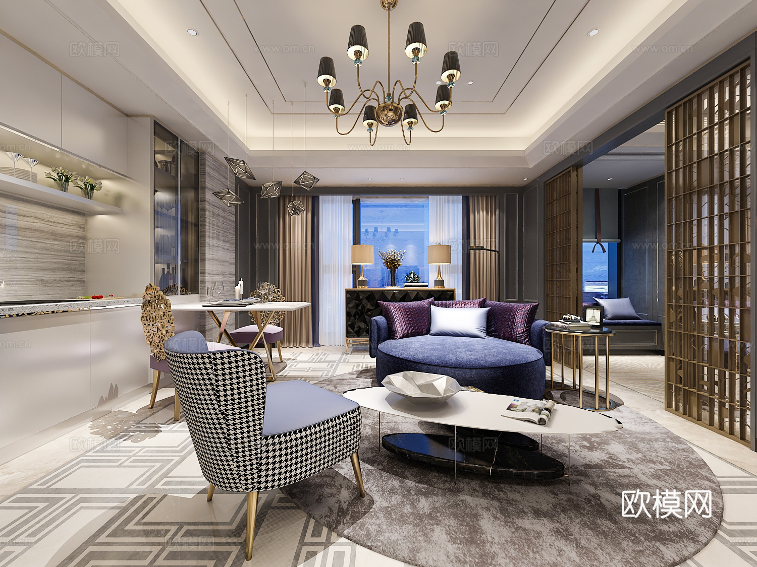 后现代客餐厅 沙发茶几 边几挂画3d模型