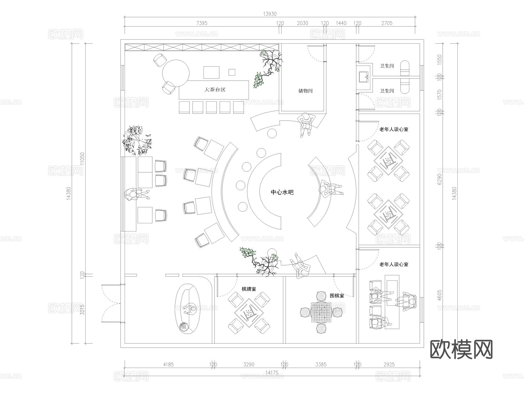 10套老年社区活动中心活动室CAD平面布置图cad施工图