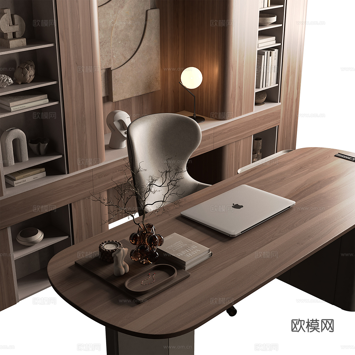 现代意式轻奢书房书柜 书桌椅3d模型