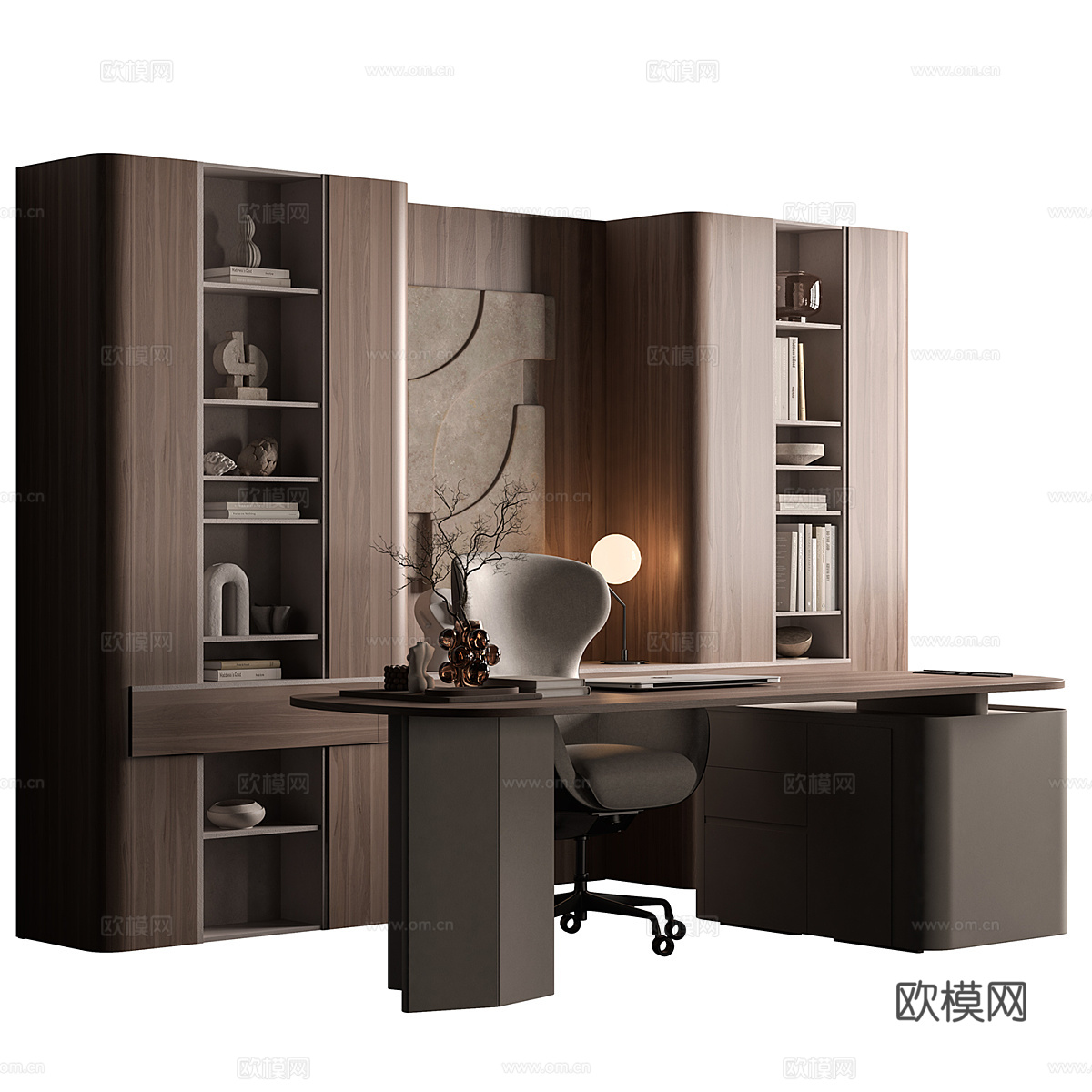 现代意式轻奢书房书柜 书桌椅3d模型