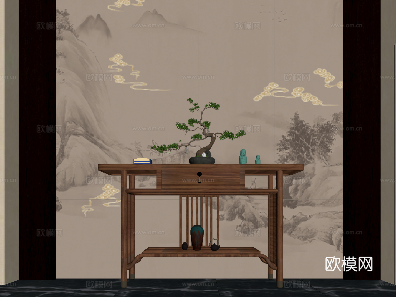 玄关 新中式玄关 端景柜 玄关柜 盆栽盆景 摆件su模型