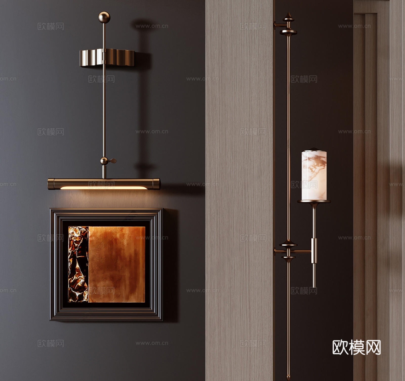 新中式长条壁灯 新中式条形壁灯 长条壁灯 金属壁灯 抽象画3d模型