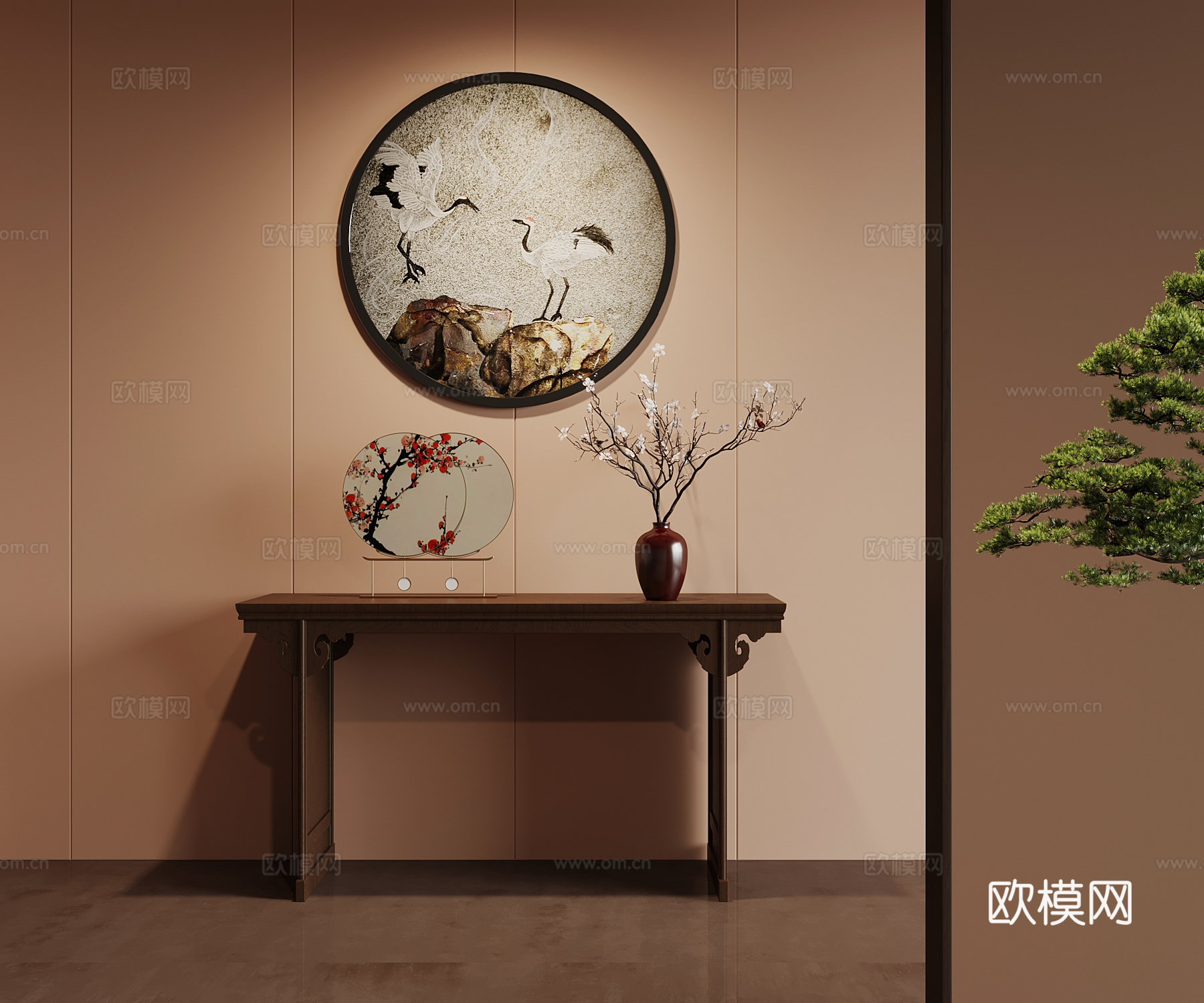 新中式端景台 墙饰 绿植摆件su模型