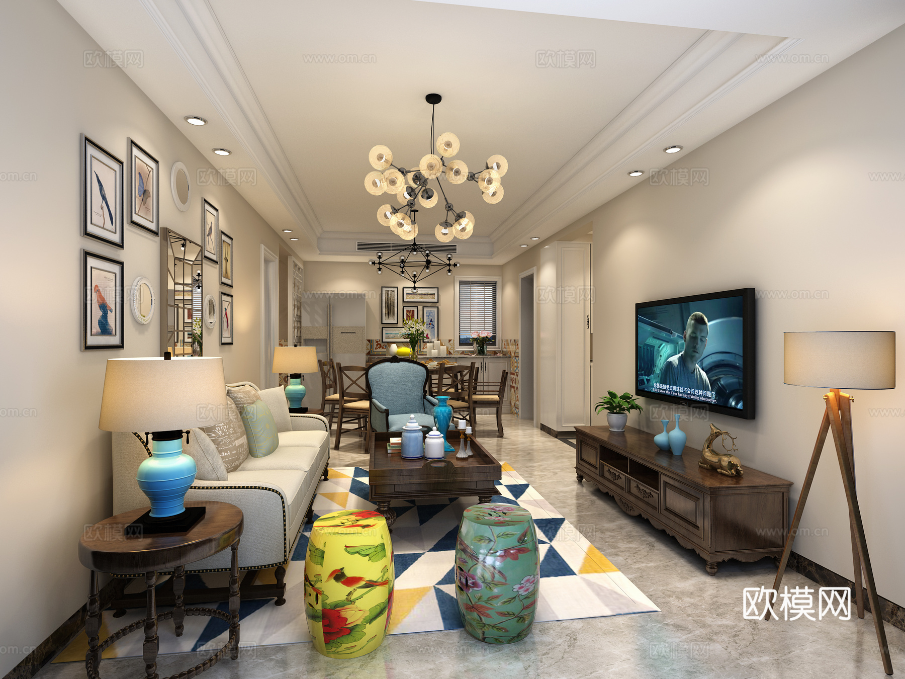 美式现代田园风格客厅3d模型