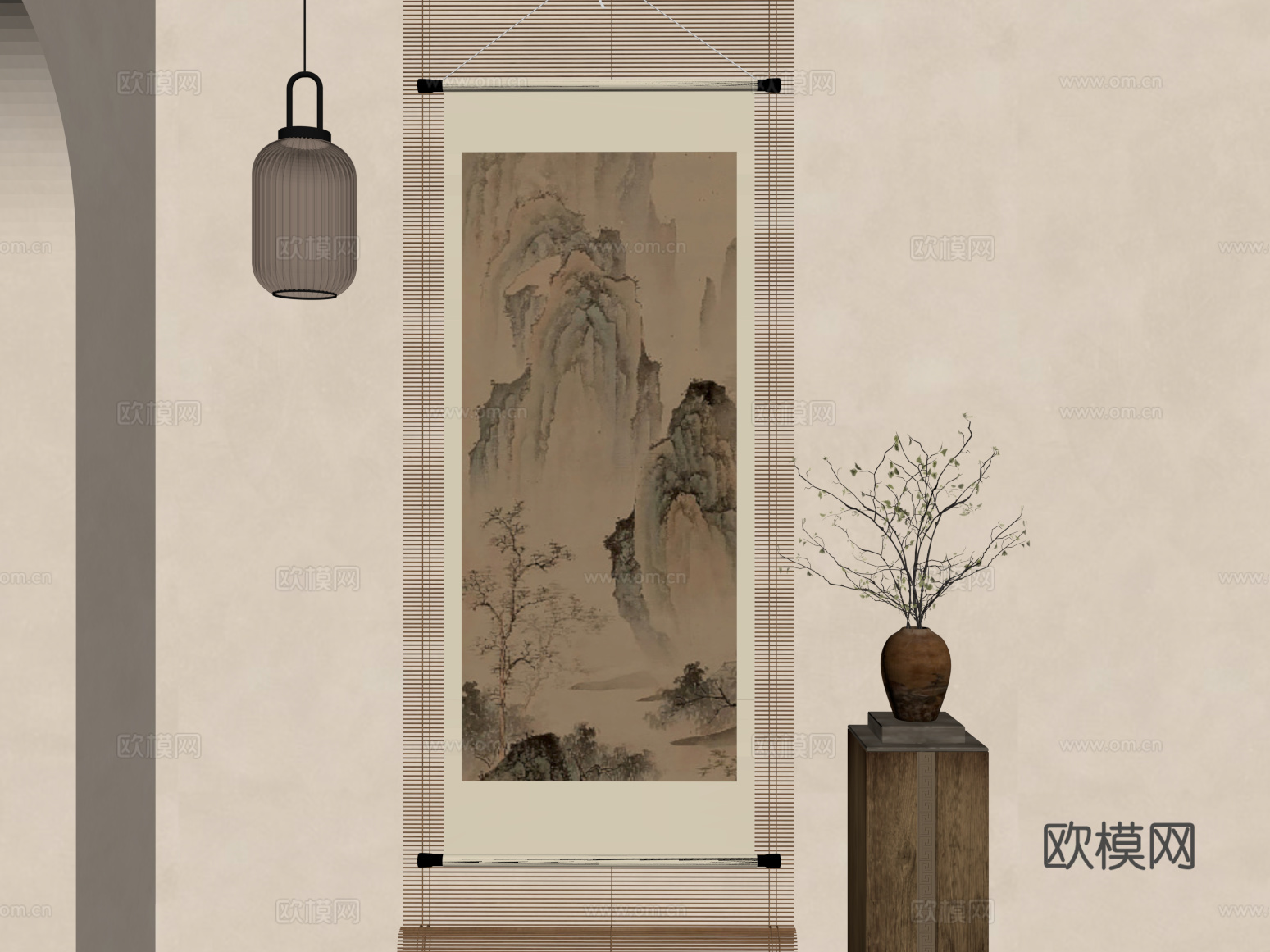 新中式装饰画 挂画 吊灯 花瓶su模型