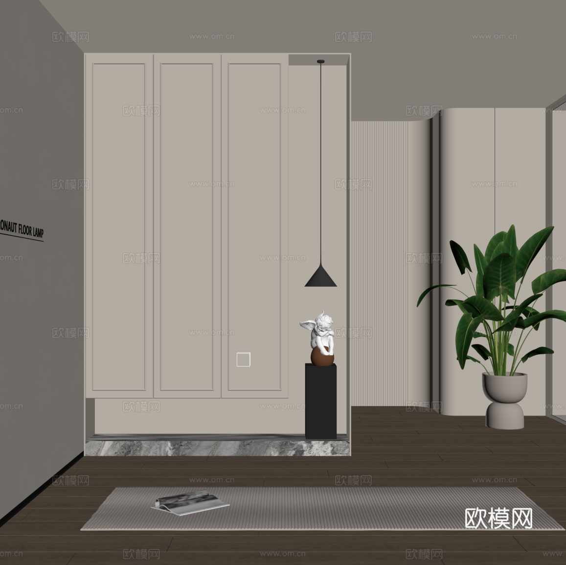 玄关 法式奶油风玄关 入户鞋柜 绿植su模型