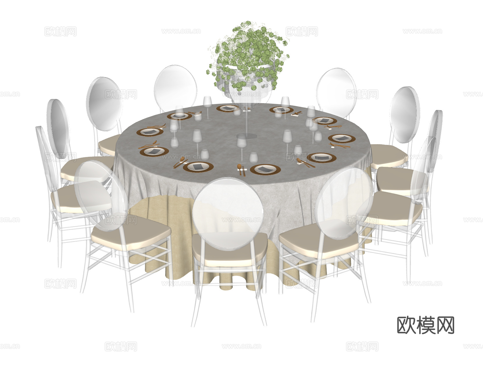 现代 法式 宴会桌椅 亚克力桌椅 宴会厅桌椅组合 法式亚克力su模型