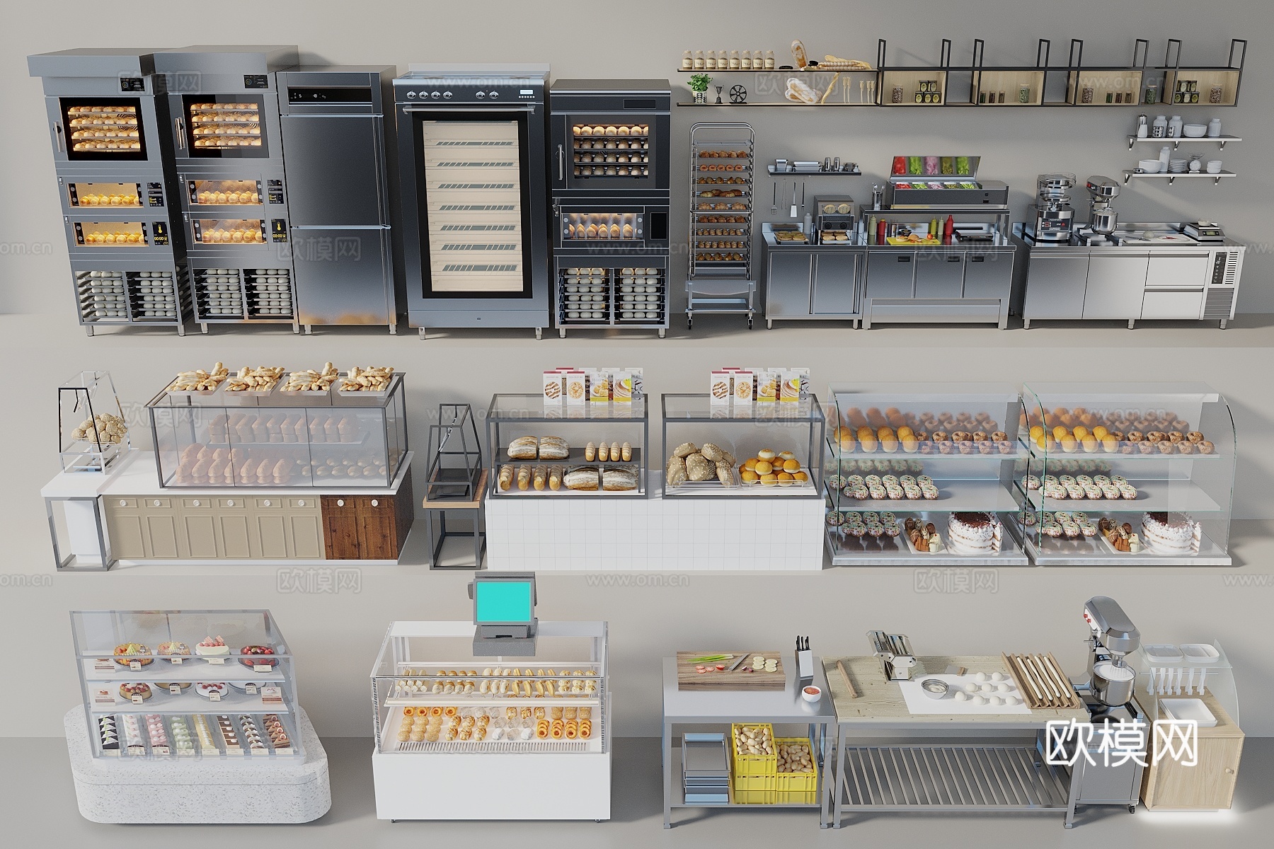 现代甜品面包店 面包展示架 蛋糕展示柜 烘焙店货架 甜品3d模型
