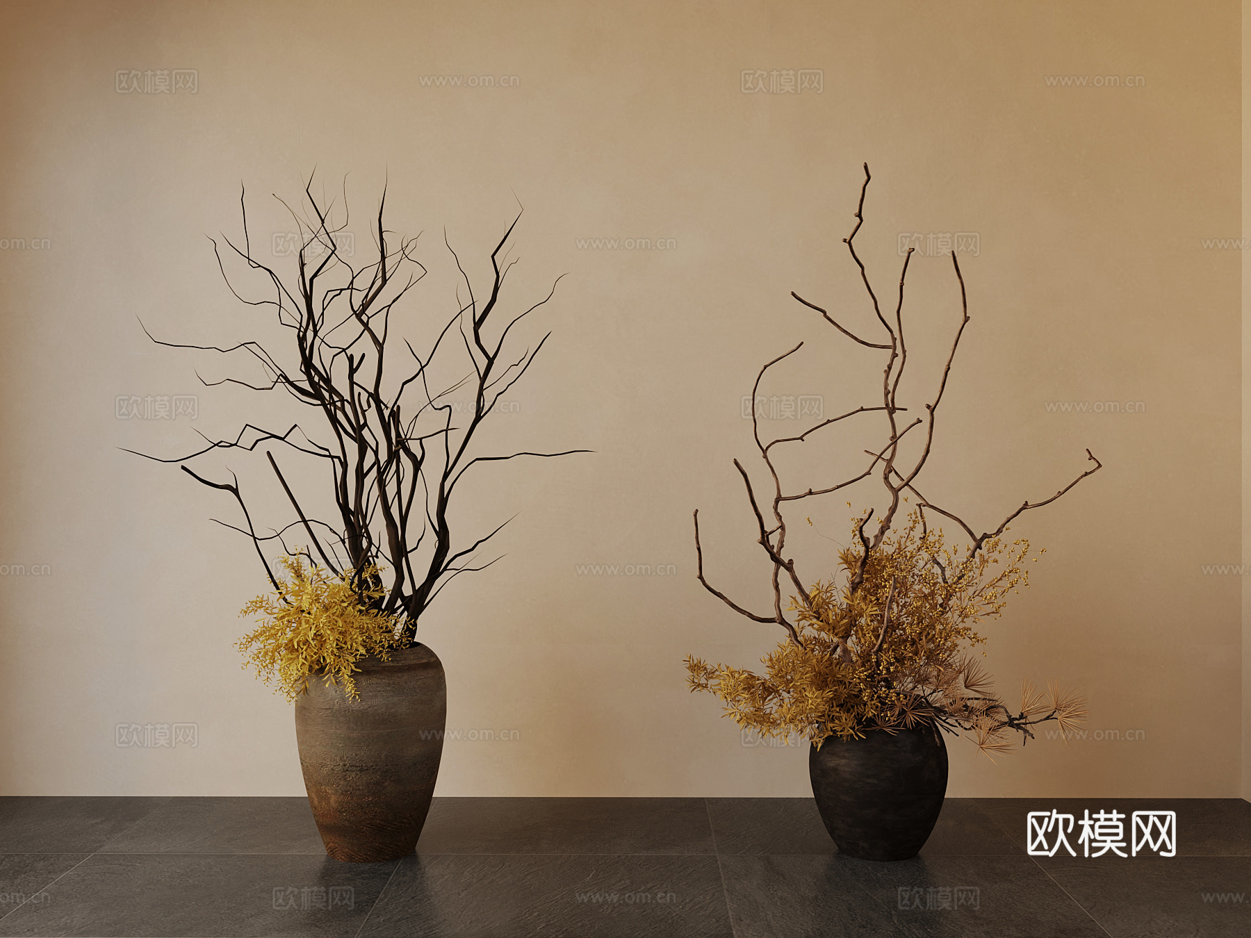 新中式陶罐花瓶 花艺 干枝 树枝su模型