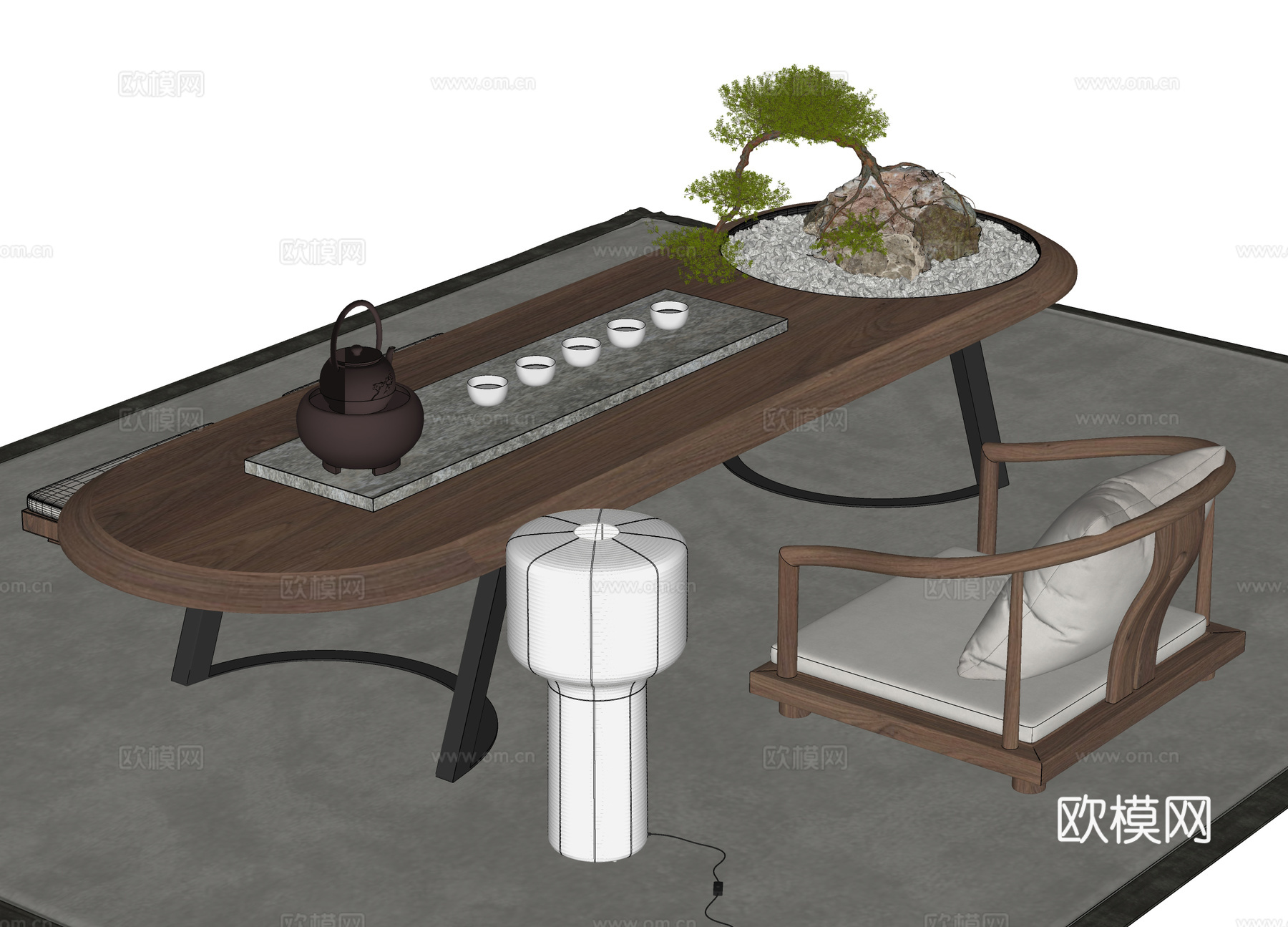 日式踏上茶桌椅 榻榻米茶桌椅 榻榻米茶椅 台灯 茶具su模型